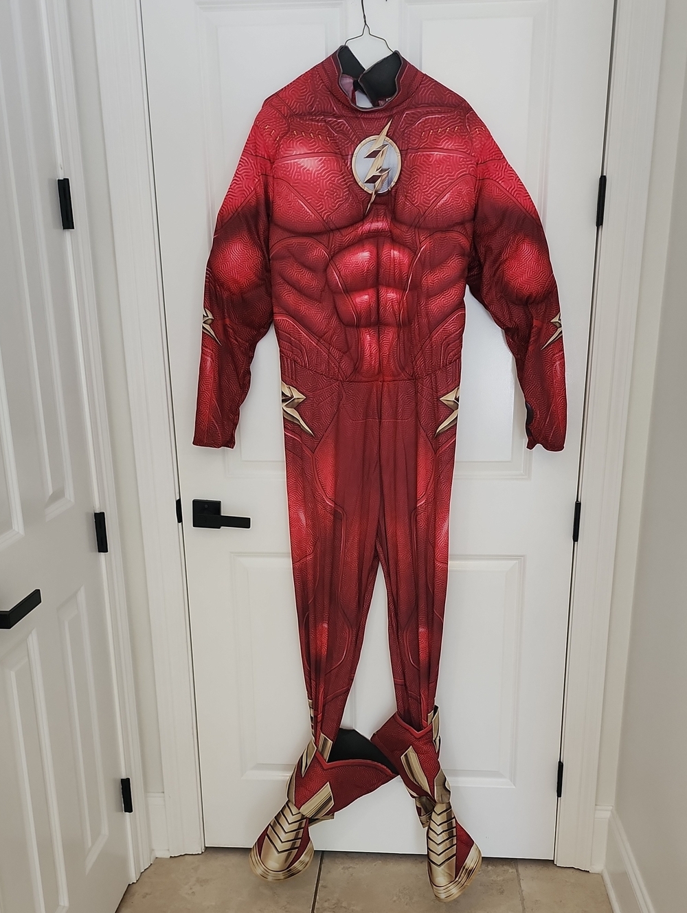 Men's Red Superhero Muscle Costume with Lightning Emblem